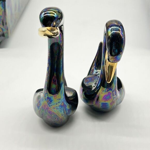 Lee Roy Cain Vintage Ceramic Pottery 2 Vases/Swans Iridescent Metallic Glaze - Picture 6 of 10